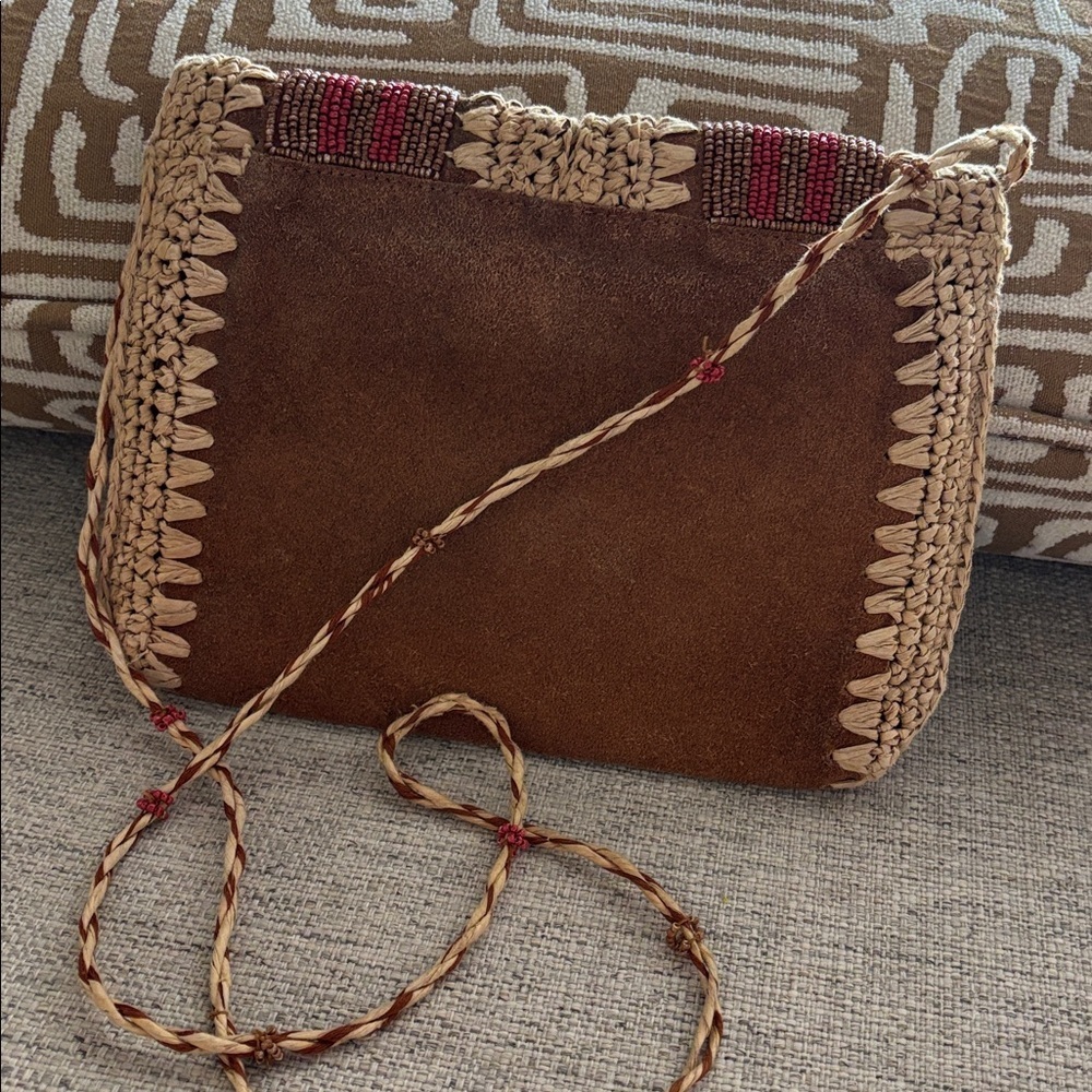 Free People Vintage boho suede leather and paper Raffia beaded crossbody purse - Picture 5 of 16